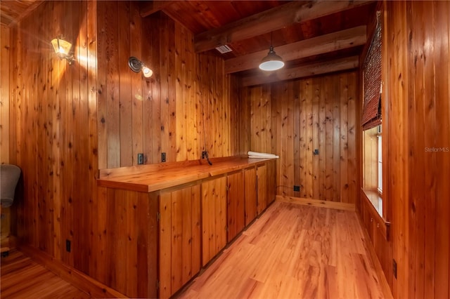 interior space featuring wood walls, hardwood / wood-style floors, and wood ceiling