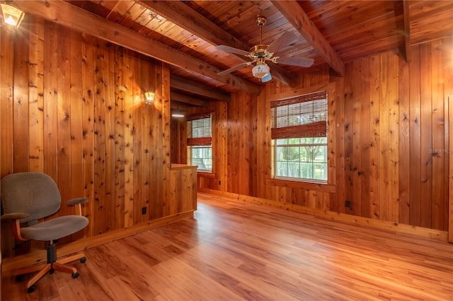 interior space featuring beam ceiling, wooden walls, wooden ceiling, and wood finished floors