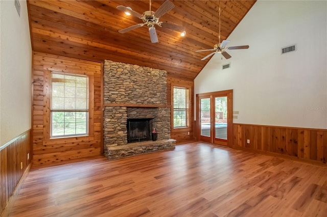 unfurnished living room with ceiling fan, high vaulted ceiling, light hardwood / wood-style floors, and wood ceiling