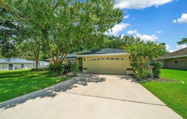 single story home with a front yard, driveway, an attached garage, and stucco siding