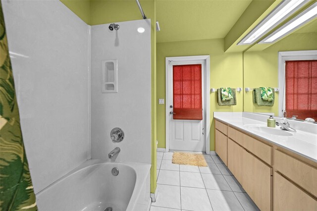 bathroom featuring tile patterned flooring, vanity, and shower / washtub combination