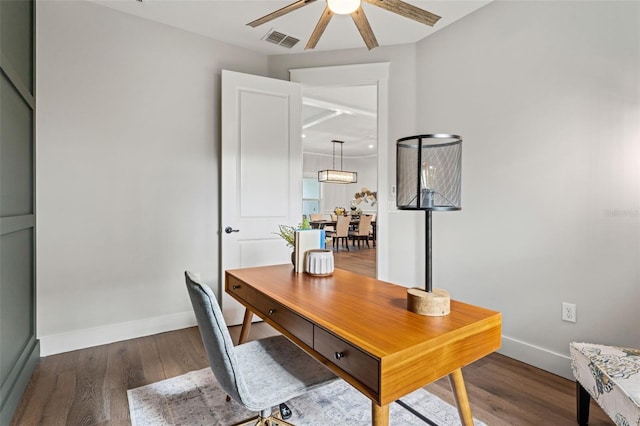 office space featuring ceiling fan and dark wood-type flooring