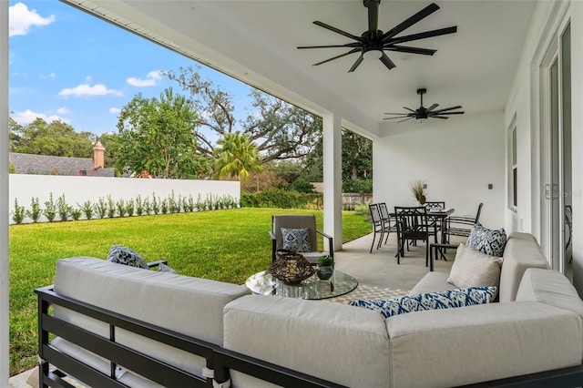 view of patio / terrace featuring ceiling fan and an outdoor hangout area