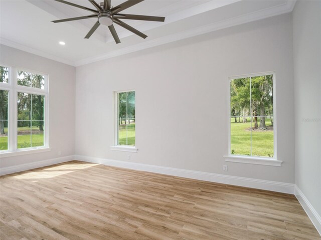 spare room featuring ceiling fan, light hardwood / wood-style floors, and a healthy amount of sunlight