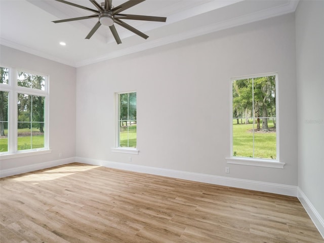spare room featuring crown molding, light wood-style flooring, a healthy amount of sunlight, and baseboards