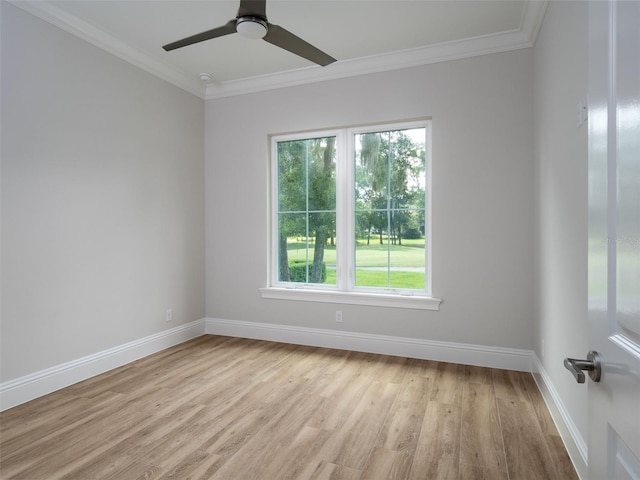 unfurnished room with ceiling fan, light hardwood / wood-style floors, and ornamental molding