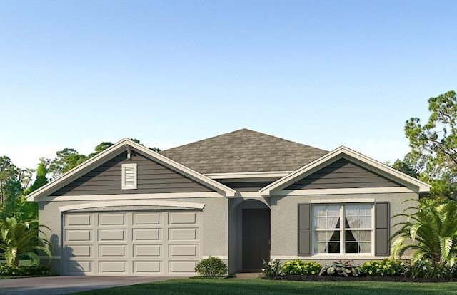 ranch-style house featuring a garage, concrete driveway, roof with shingles, and stucco siding