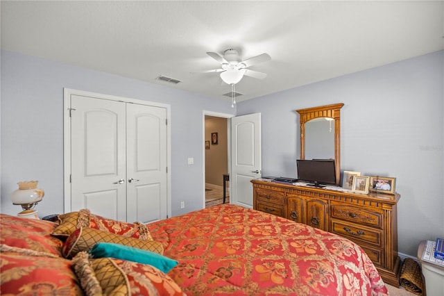 bedroom featuring ceiling fan and a closet