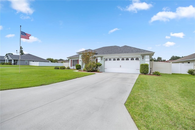 ranch-style house featuring a garage and a front lawn