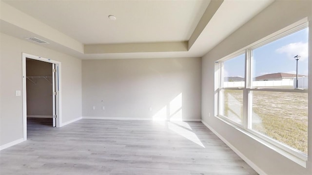 spare room featuring a tray ceiling and light hardwood / wood-style floors