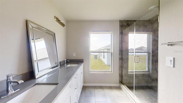 bathroom featuring tile patterned flooring, vanity, and an enclosed shower