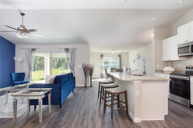 kitchen with a kitchen bar, light stone counters, dark hardwood / wood-style floors, stainless steel appliances, and a center island with sink