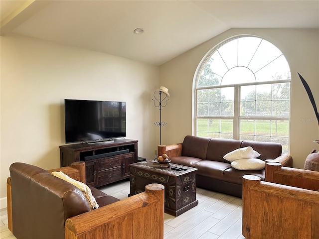 living room with light wood-type flooring and lofted ceiling