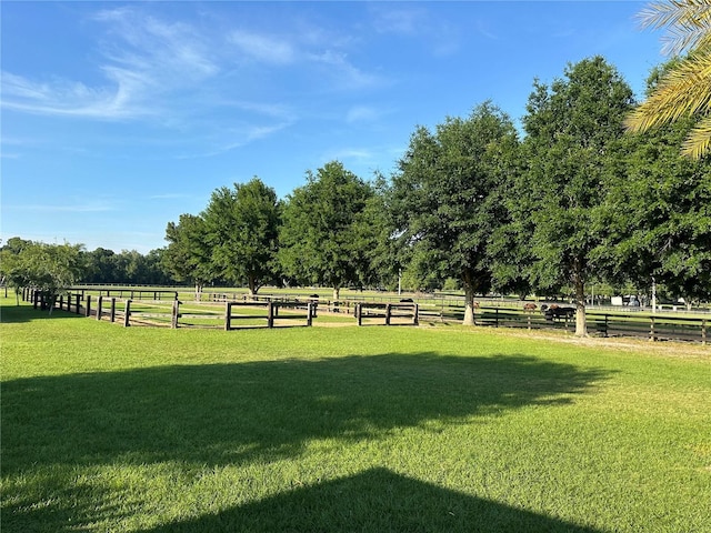 view of community featuring a lawn and a rural view