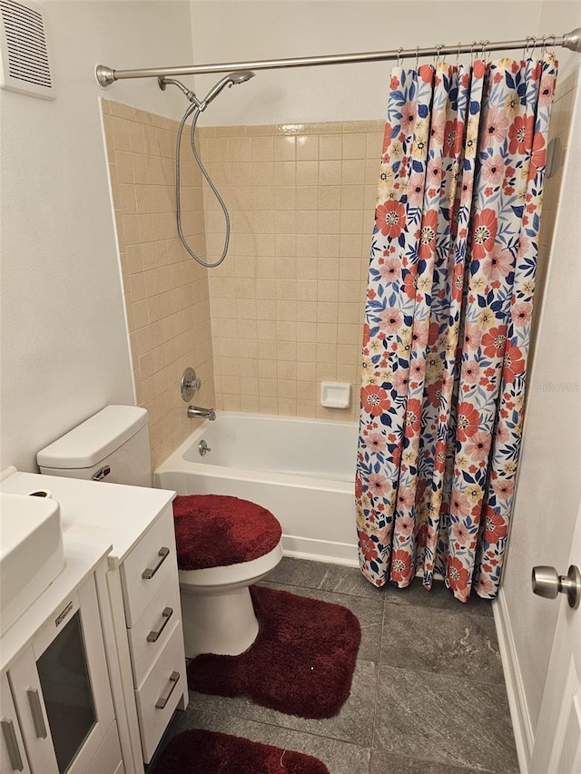 full bathroom with vanity, toilet, and shower / bath combination with curtain