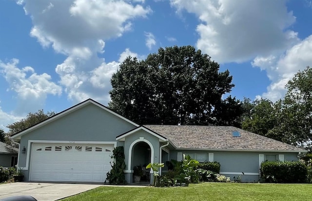 ranch-style house with a garage and a front lawn