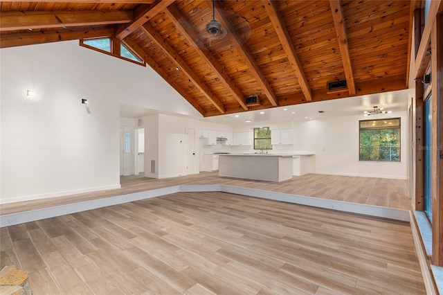 unfurnished living room with beamed ceiling, light hardwood / wood-style floors, high vaulted ceiling, and wood ceiling