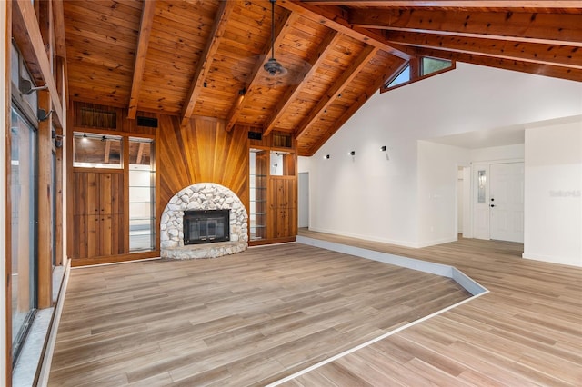 unfurnished living room with a stone fireplace, wood ceiling, wood walls, beam ceiling, and light hardwood / wood-style floors