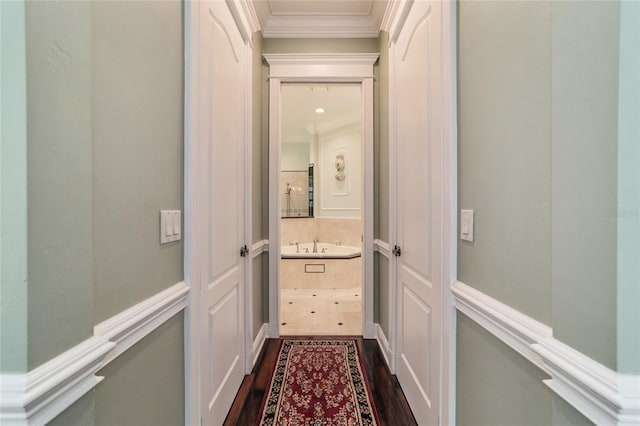 hall featuring sink, crown molding, and dark wood-type flooring