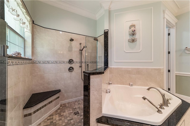 bathroom featuring plus walk in shower and ornamental molding