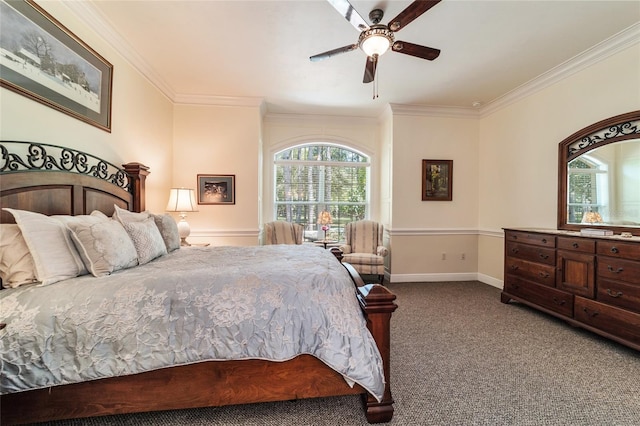 bedroom featuring carpet floors, ceiling fan, and ornamental molding