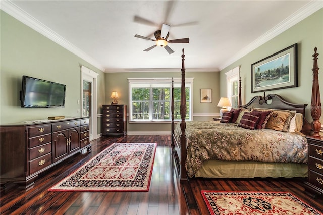 bedroom featuring ceiling fan, crown molding, and dark hardwood / wood-style flooring