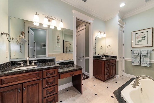 bathroom with a bath, ornamental molding, tile patterned floors, and dual bowl vanity