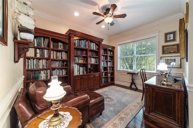 office space with ceiling fan, ornamental molding, and wood-type flooring