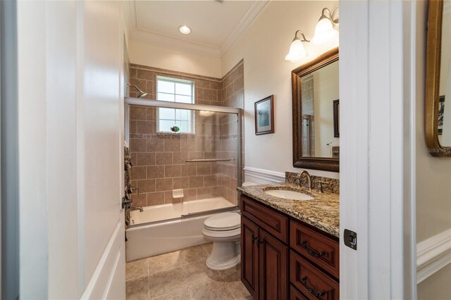 full bathroom featuring enclosed tub / shower combo, tile patterned flooring, vanity, crown molding, and toilet