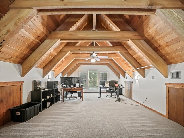 additional living space featuring carpet flooring, vaulted ceiling with beams, and wood ceiling