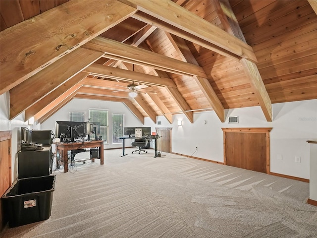 carpeted home office featuring wood ceiling, ceiling fan, and lofted ceiling with beams