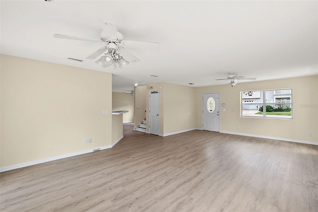 unfurnished living room with a ceiling fan, baseboards, visible vents, and light wood finished floors