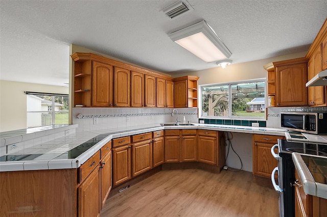 kitchen featuring tile countertops, light wood finished floors, open shelves, stainless steel appliances, and a sink