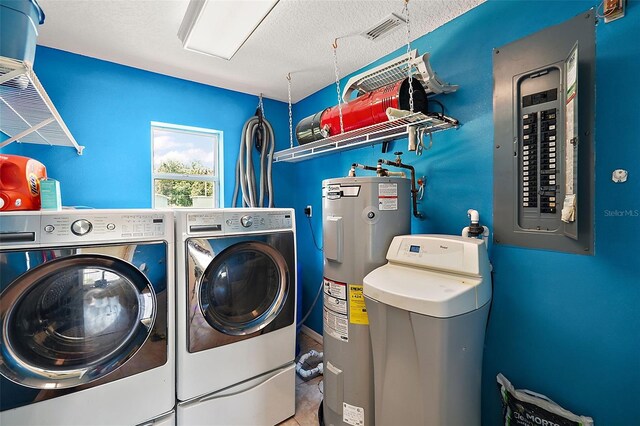 laundry area featuring independent washer and dryer, a textured ceiling, and water heater