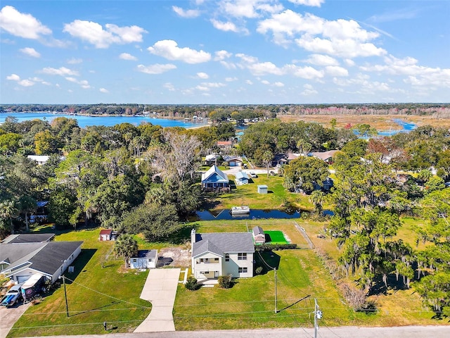 aerial view with a water view and a residential view