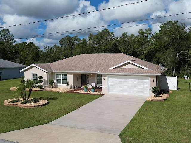 single story home featuring a garage and a front lawn