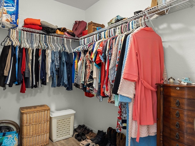 walk in closet with wood-type flooring