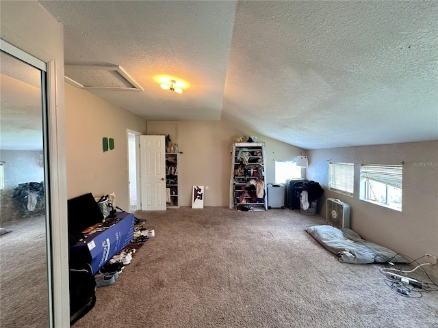 interior space with a textured ceiling, carpet floors, and vaulted ceiling