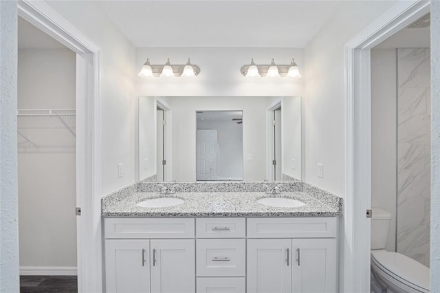 bathroom featuring toilet and double sink vanity