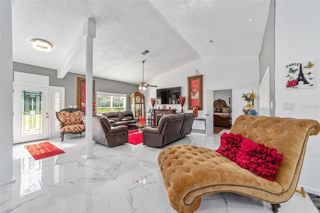 living area featuring a ceiling fan, marble finish floor, visible vents, and vaulted ceiling