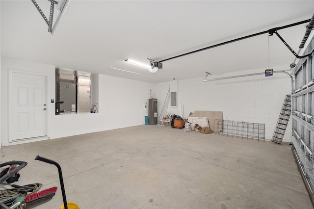 garage featuring heating unit, water heater, electric panel, and a garage door opener