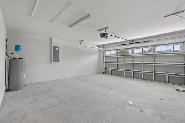 garage with electric panel, a garage door opener, and water heater