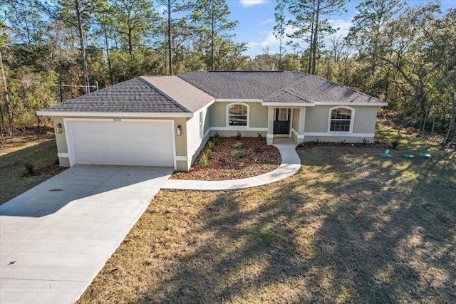 single story home featuring driveway, a shingled roof, a front yard, and stucco siding