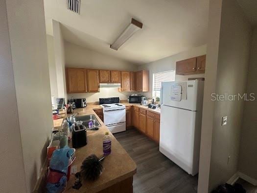 kitchen featuring dark wood-style floors, lofted ceiling, light countertops, white appliances, and under cabinet range hood