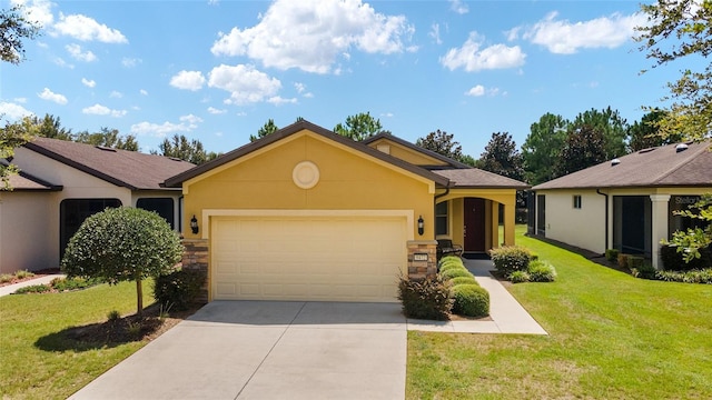 ranch-style home featuring a garage and a front yard