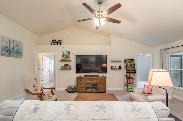 living room featuring light carpet, vaulted ceiling, and ceiling fan