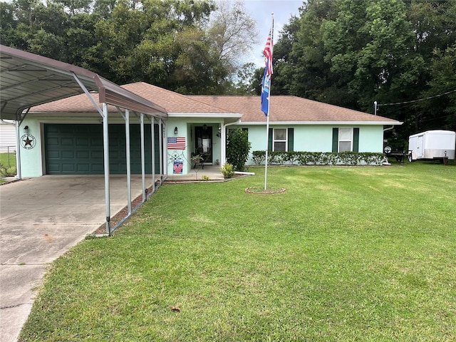 ranch-style home with a garage, concrete driveway, stucco siding, a carport, and a front lawn