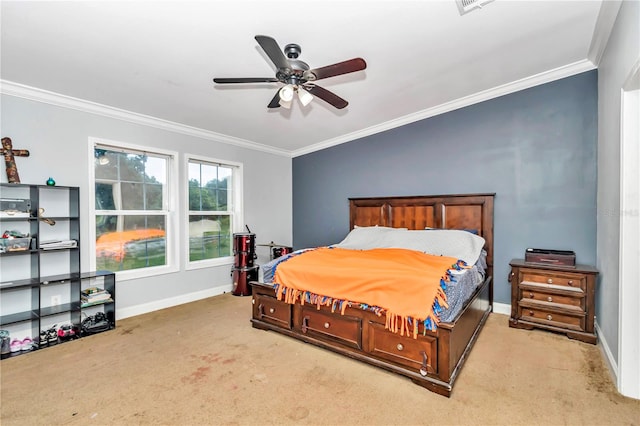 bedroom featuring baseboards, ornamental molding, ceiling fan, and light colored carpet