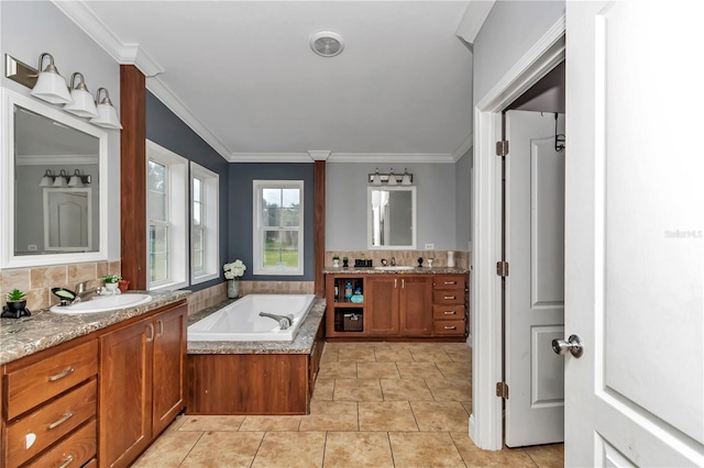 bathroom with a tub to relax in, vanity, tasteful backsplash, and crown molding