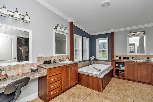 bathroom with a bathing tub, vanity, crown molding, and tasteful backsplash